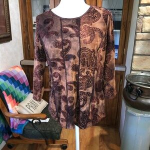 MULTIPLES SIZE MEDIUM PETITE 3/4 SLEEVE BROWN PAISLEY TOP WITH LACE TRIM